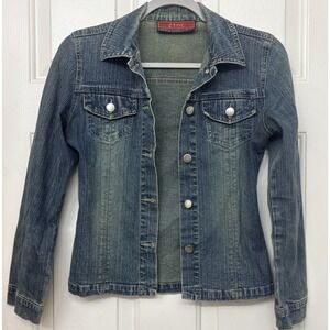**Zinc Essential Element Jean Jacket Womens Blue Denim Trucker Button Up Flaw**